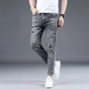 2023 Lente/zomer Dunne Europese en Amerikaanse Trendy Populaire Print Elastische Slim Fit Kleine Rechte Pijp Veelzijdige 9-inch Jeans voor Heren