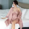 Mulheres sleepwear robe conjunto camisola 2 pçs mulheres nightdress renda sleepshirt quimono vestido terno verão rayon roupão loungewear homedress