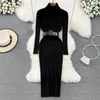 Casual Kleider Herbst Winter Elegante Rollkragen Langarm Stricken Weiche Enge Bleistift Kleid Mit Gürtel Schlank Mode Warme Sexy Frauen pullover