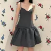 Casual Dresses French Elegant Strap Fluffy A-Line Women Evening Party 2024 Fall Winter Korean Bow Low-midjig grå svart klänning