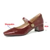 Dress Shoes Leather Square Toe Med Heel Spring Sweet Dating Buckle Strap Mary Janes Women Pumps