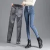 Hiver femmes épais velours taille haute jean maigre Simple chaud polaire coupe ajustée Stretch pantalon décontracté dames Denim crayon pantalon 240104