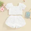 Roupas conjuntos de roupas menina menina de 2 peças roupas de manga de sopa de luvas de puff button tops tops shorts elásticos shorts 3d rose flor Applique Summer Conjunto de verão