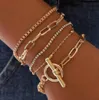 S1389 Fashion Jewelry Multi Layer Bracelet Set OT Buckle Rhinstone Beads Geometric Hollowed Chain Bracelet6963983