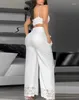 Calças femininas de duas peças define outifits das mulheres 2024 moda com decote em v cami colheita topo casual branco oco para fora perna larga cintura alta conjunto