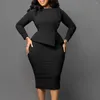 Casual Kleider Frauen Rüschen Langarm Hohe Taille Paket Hüfte Bodycon Bleistift Kleid 2024 Herbst Winter OL Arbeit Midi Afrikanische kleidung