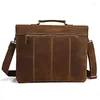 Briefcases Vintage Crazy Horse Leather Men Briefcase Large Business Bag Genuine 15"laptop Tote Shoulder Portfolio Brown