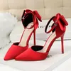 Dress Shoes 5196 Certified Korean Style Beauty Seduce With Thin High Heels Shallow Mouth Pointed Silk Hollow Back Bow And Sandals