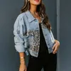 Autumn and Winter Denim Jacket for Women Long Sleeves Leopard Print Slim Coats 240103