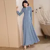 Casual Dresses Chinese Style Autumn Long Dress for Women Office Lady Blue Plaid Slim midje mantel Fit födelsedag