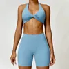 Aktiva uppsättningar Push Up Gym Set Women Lycra Workout Womens 2024 Tvådelar Sport Leggings Bh Outfit Pilates kläder Yoga bär rosa blå XS