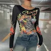 Women Spring Nowy projektant mody chiński smokowy nadruk T-shirt okrągły drewniany rękaw drewniany ucha