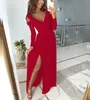 Vestidos casuais ponto outono e inverno manga longa com decote em v sexy commuter mostrar cintura cor sólida fundo split aberto perna vestido para mulheres