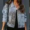 Autumn and Winter Denim Jacket for Women Long Sleeves Leopard Print Slim Coats 240103