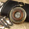 Retro Wood Circle Skeleton Pocket Watch Men Women Unisex Mechanical Handwinding Vintage Roman Numerals Necklace Steampunk 240103