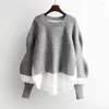 Женские свитера на осень-зиму, модный английский свитер с круглым вырезом в стиле пэчворк, асимметричный свитер с рюшами и рюшами по краю, трикотаж, свитер с рукавами-фонариками
