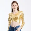 Women's Blouses Soft Stretchy Top V Neck Faux Leather Pullover Blouse For Women Short Waist-exposed Long Sleeve Club With Slim Fit Dance