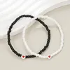 Charm Bracelets Fashion 2PCS Bead Heart Bracelet For Women Simple Bohemian Black White Stretch Bangle Party Gift