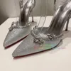 Klänningskor Silver Metallisk kristallspetsig tå pumpar kvinnor inlagd diamant ankel rem slingback High Heel Sandals Party Party
