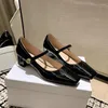 Dress Shoes Leather Square Toe Med Heel Spring Sweet Dating Buckle Strap Mary Janes Women Pumps