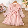 Vestidos de menina meninas swiss dot plissado hem vestido de manga longa primavera outono bebê crianças babados decote em v costas zíper casual linha a rosa