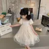 Flickaklänningar 2024 Summer Luxury Kids Dress Korea Style Kort ärm Bubble Square Collar Design Fashion for Girls
