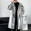 Men's Trench Coats 2024 Fashion Spring Bright Windbreaker Coat Medium Long Single Breasted With Hat Sleeve Male Jackets