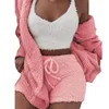 Pijamas femininos outono e inverno conjuntos de pijama de pelúcia casual homewear conjunto de três peças mangas compridas colete cortado shorts pijamas terno sono