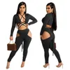 Calças femininas de duas peças primavera outono sólido sexy conjunto feminino oco bandagem colheita superior define lounge clube outfits streetwear itens por atacado