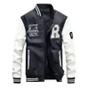 Men's Embroidered Baseball Jacket Leather Casual Jacket Slim Wave Fleece Stand-up Collar Leather Jacket 240103