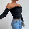Women's Blouses Summer Short Top Sexy Fur Collar Tube Fashion Solid Color Retro Long-sleeve Off-the-shoulder Elegant Clothing 30409