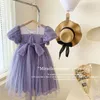 Flickaklänningar 2024 Summer Luxury Kids Dress Korea Style Kort ärm Bubble Square Collar Design Fashion for Girls