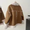Cappotto Parka invernale con collo spesso in pelliccia double face da donna Moda calda Corea Casual Moto Cachi Donna Lusso