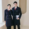 Manteau en laine à Double boutonnage noir et bleu pour femmes, vêtements de travail de bienvenue de longueur moyenne pour hôtel, banque, réception, uniforme de vente pour hommes