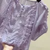 Женские блузки с круглым вырезом и шикарными пуговицами, однотонные летние французские винтажные блузки Mujer De Moda 2024, кружевные лоскутные свободные рубашки большого размера