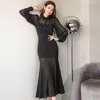 Vestidos casuais moda primavera outono camisa preta vestido longo mulheres senhoras roupas comute chiffon sheer sexy slim midi mujer robe vestidos