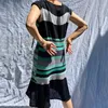 Bahar Yapısı Çizgili Baskı Örgü Uzun Elbise Kadınlar Seksi O boyun eğrisi ince parti elbise Yaz kolsuz A-line Maxi Elbise 240103