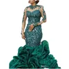 2024 Arabic Aso EBI Abiti da sera indossano sirena Appliques in pizzo sequestro scuro scuro Appliques Crystal Prom Illusi