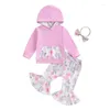 Giyim Setleri Toddler Bebek Bebek Bahar Sonbahar Kıyafet Uzun Kollu Kapüşonlu Patchwork Hoodie Çiçek Fil Flare Pantolon Kafa Bandı