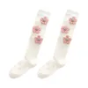 Women Socks Girls Cotton Knee High Japanese 3D Knitted Pink Flower School Student Thin Long 37JB
