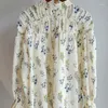 Blusas femininas românticas floral impresso camisa gola enrugada elástico plissado punhos 2024 primavera verão blusa feminina