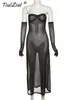 Casual Jurken TiulZial Sexy Clubwear Kant Strapless Backless Sheer Mesh Damesmode Mouwloos See Through Patchwork Midi Bodycon Party