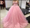 vestido de festa longo Neue Ankunft Rosa Abendkleider abiye Robe De Soiree Tüll Schatz Ärmellose Abendkleider Mit Spitze Applique