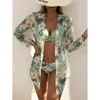 Floral Low Waist Bikini Set Cover Up Swimsuit For Women Push Up Long Sleeve Three Pieces Swimwear Beach Bathing Suits 240103