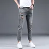 2023 Lente/zomer Dunne Europese en Amerikaanse Trendy Populaire Print Elastische Slim Fit Kleine Rechte Pijp Veelzijdige 9-inch Jeans voor Heren