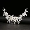 Floralbride Handmade Crystal Rhinestone Pearl Ceramic Flower Bridal Hair Comb Wedding Hair Accessories Bridesmaids Women Jewelry 240102