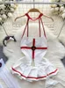 Arbetsklänningar Singreiny Cosplay Erotic Porn Uniform Set Halter Backless Mini Dress Thongs Aminatory Temptation Hollow Out Sexy Pyjamas