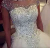 Sparkly Dazzling Princess Wedding Dresses 2024 Jewel Neck Cathedral Train Cap Hylsa Handgjorda strass Kristallbröllopsklänning