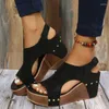 Sandaler Fish Mouth Rivet Wedge Platform Women Plus Size Romen Vintage Wood Sole Sandalias de Mujer 2024