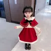 Vestido chal rojo de princesa navideña para niña, ropa infantil a la moda con terciopelo para otoño e invierno, 2023